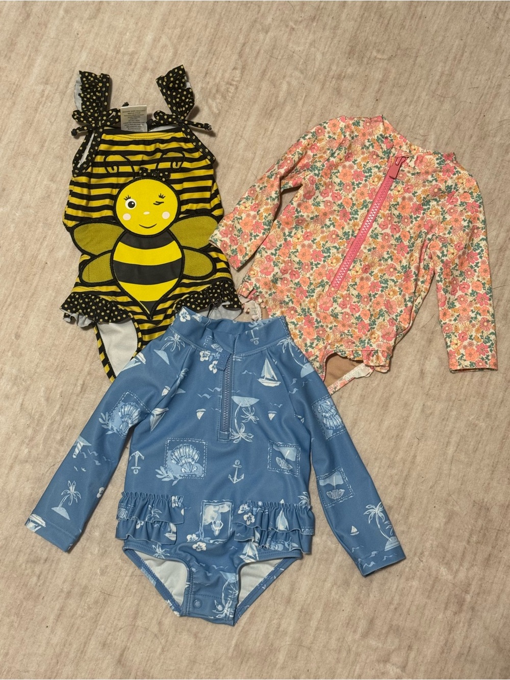 3 Piece Bundle One-Piece Swimsuit with Ruffles 0-3/3-6/6 MO